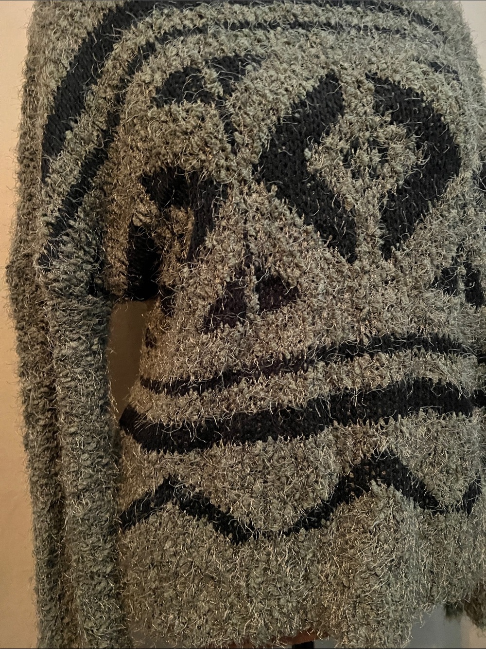 Moral Fiber Olive Gray Fuzzy Knit Crewneck Sweater with Black Pattern - Picture 3 of 9